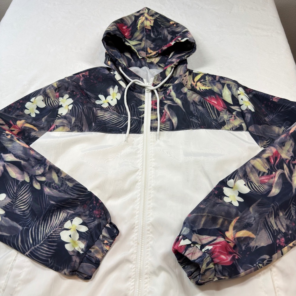 Unbranded Floral Tropical Windbreaker Jacket Mens XXL White Black Good Hooded